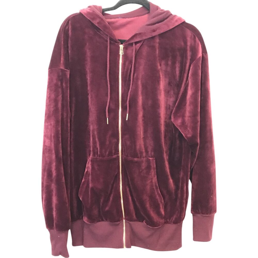 Womens Velvet Hoodie Jacket Burgundy Full Zip Ribbed Hem Cuffs Kangaroo Pockets